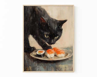 Black Cat Sushi Oil Painting Print | Tokyo Art Print | Oishii Cat Print | Delicious Japanese Food Art | Kitchen Wall Art | Sushi Art | BCS3