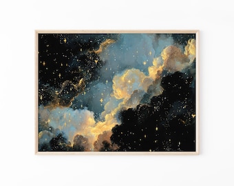 Stampa di pittura a olio celestiale malinconica / Decorazione accademica scura / Stampa di stelle del cielo notturno astratto / Pittura vintage blu oro / DAG7