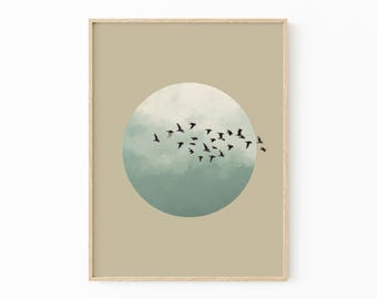 Silber Beige Mond Japandi Malerei Druck | Vogelschwarm Wandkunst | Japanisches Sonnendekor | Orientalische Wandkunst | MAV1