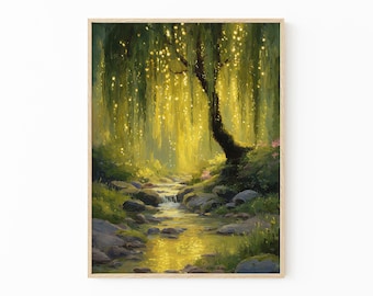 Willow Tree Fairies Oil Painting Print | Cottagecore Decor | Dark Academia Art | Enchanted Nature Wall Art | Rustic Aesthetic | TOP5