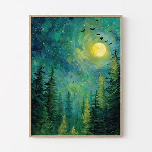 Moon & Stars Oil Painting Print | Vintage Dark Crow Forest | Landscape Nature Decor | Celestial Night Sky Print | Farmhouse Print | MSC7