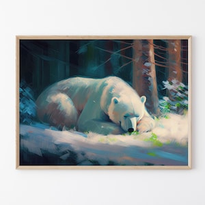 Orso polare che dorme nella foresta, opera d'arte dipinta a olio, stampa artistica da parete opaca di alta qualità, decorazione invernale per la casa, regalo per gli amanti dell'orso polare