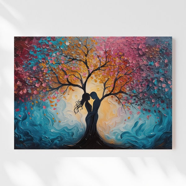 Tree of Love Panting Canvas | Soulmate Wall Art | Intricate Artwork | Vibrant Colorful Silhouettes | Couple Art | Valentine's Gift | TOL4