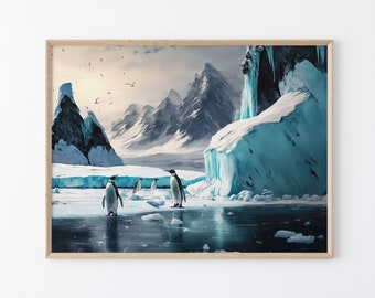 Penguins in the Antarctic Oil Painting Artwork, Matte Wall Art Print, Penguin Home Decor, Gift for Penguin Lovers