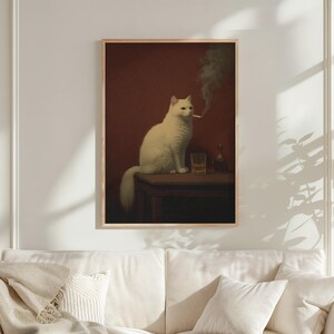 A white cat sitting on a table, smoking a cigarette, with a glass of wine nearby.