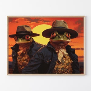 Dipinto surreale, divertente, colorato, rospo e rana che indossano cappelli da cowboy, stampa a olio