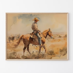 Dipinto ad acquerello di paesaggio vintage con cowboy, arte murale western, decorazione murale di metà secolo, decorazione rustica del sud-ovest #VLC17