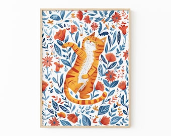 Ginger Cat Stretching Floral Illustration Print | Orange cat painting | Kitten illustration | Nursery prints | Flowers wall decor | GCS4