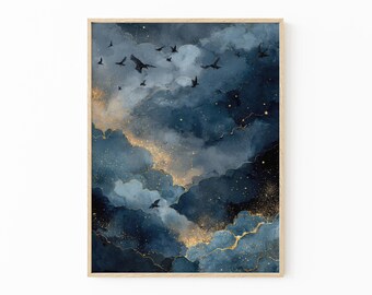 Moody Crows Flying Celestial Painting Print | Dark Academia Night Sky Art with Golden Stars | GAA3