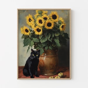 クロード・モネのひまわりの黒猫の絵画プリント、モネの猫のポスター、黒猫アート、花柄プリント、黒猫プリント、面白い猫のギフト CM02