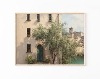 Vintage Italian Town Oil Painting Print | Italy City Art | Italy Wall Art Prints | Italian Home Decor | Green Olive Trees Malta | ITM3
