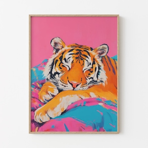 Sleeping Tiger In Bed Oil Painting Print | Maximalist Wall Decor | Tiger Print | Tiger Wall Art | Jungle Decor | Tiger Bedroom Decor | STIA2