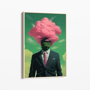 Head In The Clouds (Retro Surreal Art, Surreal Cloud Art, Pink and Green Artwork, Surreal Wall Print, Trippy Wall Art, Stretched Canvas) HI2