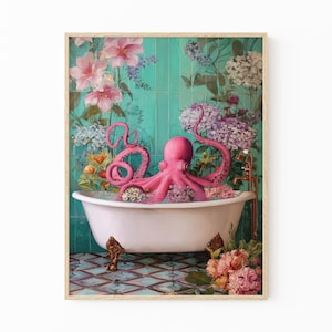 Octopus In A Bathtub In A Luxury Bathroom Oil Painting Print | Octopus Gift | Octopus Wall Art | Funky Eclectic Bathroom Decor | OIA1