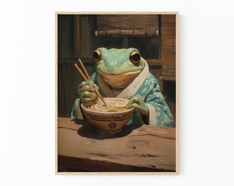 Impressão de pintura a óleo de um sapo comendo ramen | Arte de parede com macarrão ramen | Decoração de cozinha original | Pintura de inspiração japonesa | Arte de parede exclusiva | RFE5