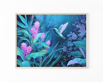Lebhafter Tropischer Maximalist Vogel-Ölgemälde-Druck | Dunkelblaue Kolibri & Pink Pfau Dschungel Kunst | Exotischer Vogel Druck | VTM2