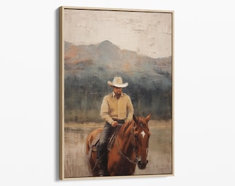 Vintage Landscape Cowboy Oil Painting Canvas Print, Western Wall Art, Mid-Century Wall Decor, Rustic Southwest Decor Stretched Canvas VLCO05