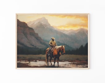 Vintage Landscape Cowboy Oil Painting Print | Western Wall Art | Mid-Century Wall Decor | Rustic Southwest Decor | VLCO02