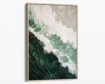 Deep Green Ocean Wave Oil Painting Print | On Stretched Canvas | Large Wall Art | Abstract Seascape Painting Beach Decor Boho | MOW8