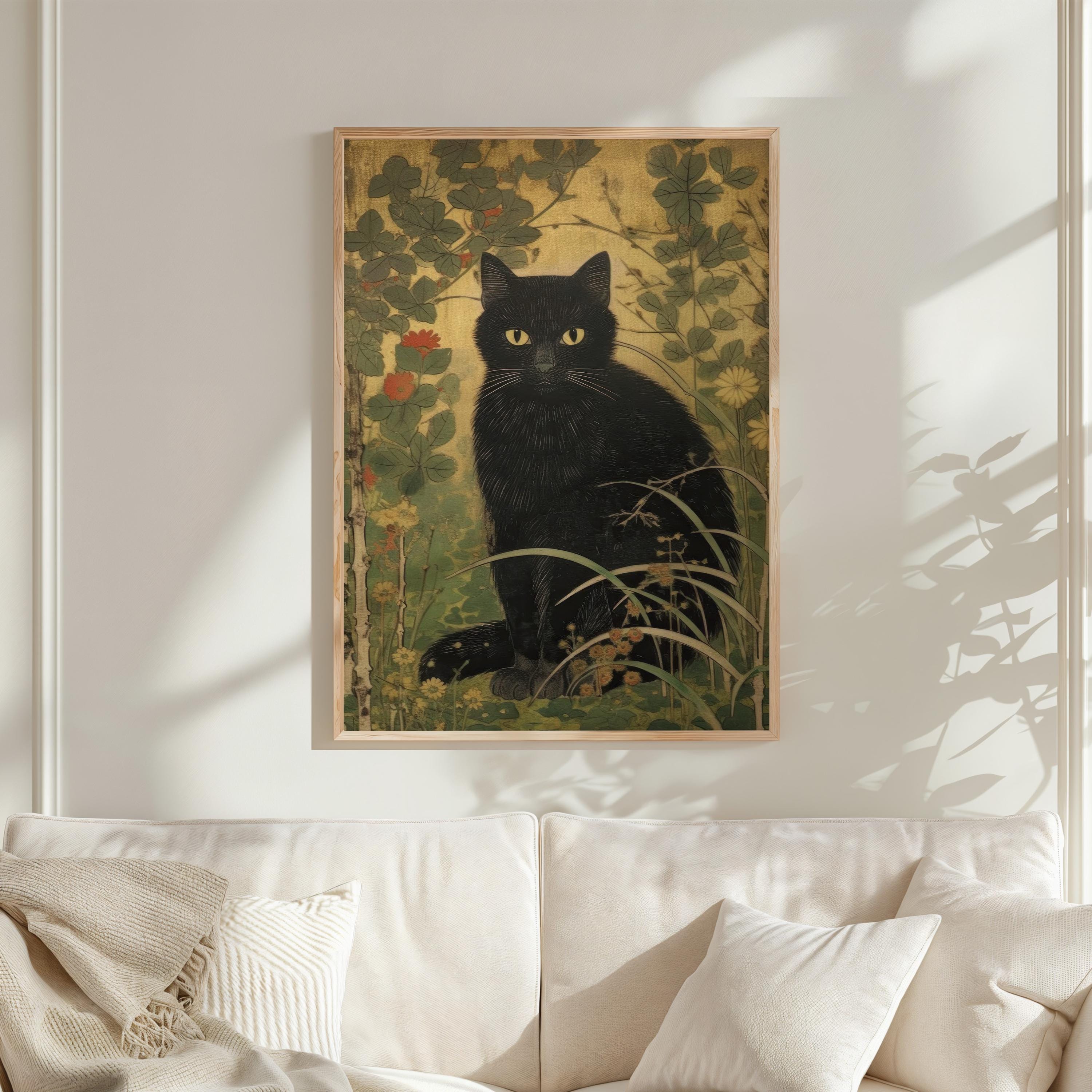 Vintage Japanese Black Cat Painting Print | Cat Wall Art | Japanese ...