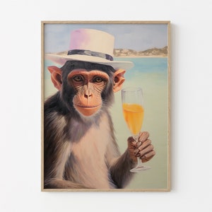 カクテルを持つサル | レトロなバーカートの美しい装飾 | かわいいアパートの壁アート | シュールなアートワーク | 面白い動物のプリント | MCR2