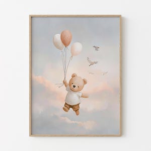 Stampa artistica con orsetto di peluche per cameretta dei bambini / Nuvola / Maschio Femmina / Genere Unisex Neutro Beige Naturale Palloncino Boho / BTN3