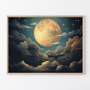 Vintage Enchanting Celestial Moon Art Oil Painting Print | Dark Academia & Dark Cottagecore | Night Sky Painting | Moon Art Print | VEC7