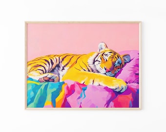 Sleeping Tiger In Bed Oil Painting Print | Maximalist Wall Decor | Tiger Print | Tiger Wall Art | Jungle Decor | Tiger Bedroom Decor | STIA8