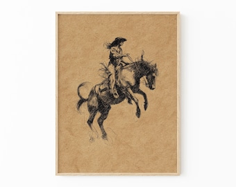 Western Cowgirl Riding Bucking Bronco Sketch Print | Vintage Style Rustic Home Decor | Classic Western American Artwork | WCG2