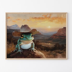 Stampa di pittura di rana cowboy / Arte murale vintage western / Decorazione estetica del selvaggio West alla moda / Regalo di stampe carine / CFP5