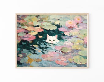 Monet Cat Art Print | Waterlily Pond Parody, Funny Cat Wall Art for Home Decor | CAG3