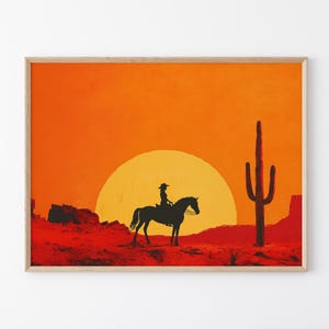 Cowgirl Minimalistischer Boho Western Gemälde Druck | Vintage südwestlichen Boho Kunst | Cowboy Wandbild | Terrakotta Sonnenuntergang | Cowgirl Kunst | KA8
