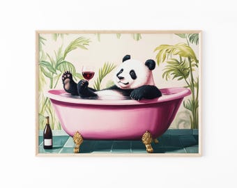 Panda Bathroom Print | Alcohol Print | Funny Animal Art | Panda in Bath Tub | Botanical Bathroom Art | PBW8