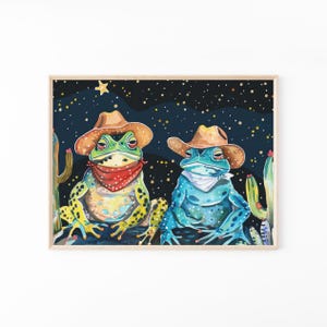 Impresión de pintura al óleo de rana vaquera / Impresión de rana vaquera / Sapo y rana coloridos, divertidos y extravagantes, con sombreros de vaquero y cactus / FCF5