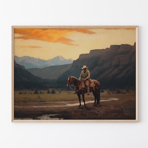 Stampa a olio di paesaggio vintage con cowboy, arte murale western, decorazione murale di metà secolo, decorazione rustica del sud-ovest #VLC10