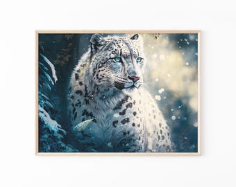 Snow Leopard in grasslands Oil Painting Print, Winter Snow Leopard Artwork, Wildlife Animal Art Matte Print, for Home Office Wall Decor