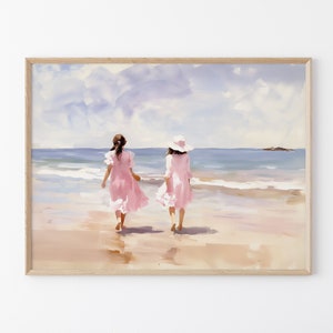 Girly Beach Painting Print | Coastal Apartment Decor | Soft Aesthetic Painting | Pink and Blue | Matte Painting Print | GPP2