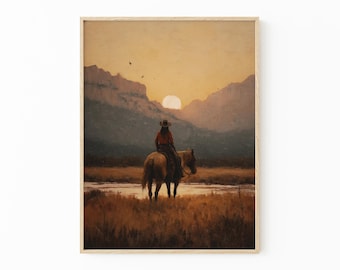 Vintage Landscape Cowgirl Oil Painting Print | Western Wall Art | Mid-Century Wall Decor | Rustic Southwest Decor | MCO5