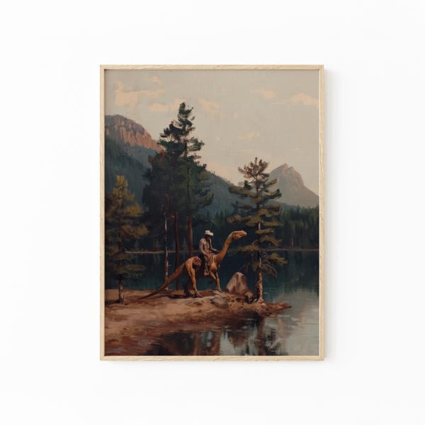Vintage Dinosaur Cowboy Oil Painting Print | Western Jurassic Dinosaur Print | Gift for Him | Funny Wall Art | VDC12