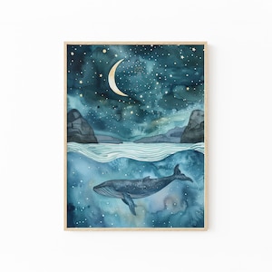 a serene night scene with a whale swimming in the water under a starry sky.