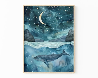 Dipinto ad acquerello di una balena notturna celeste / Megattera / Stampa artistica ad acquerello per bambini / CNW4
