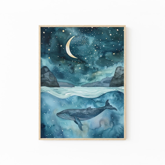 Celestial Night Whale Watercolour Painting | Humpback Whale | Nursery Watercolour Artwork Print | CNW4