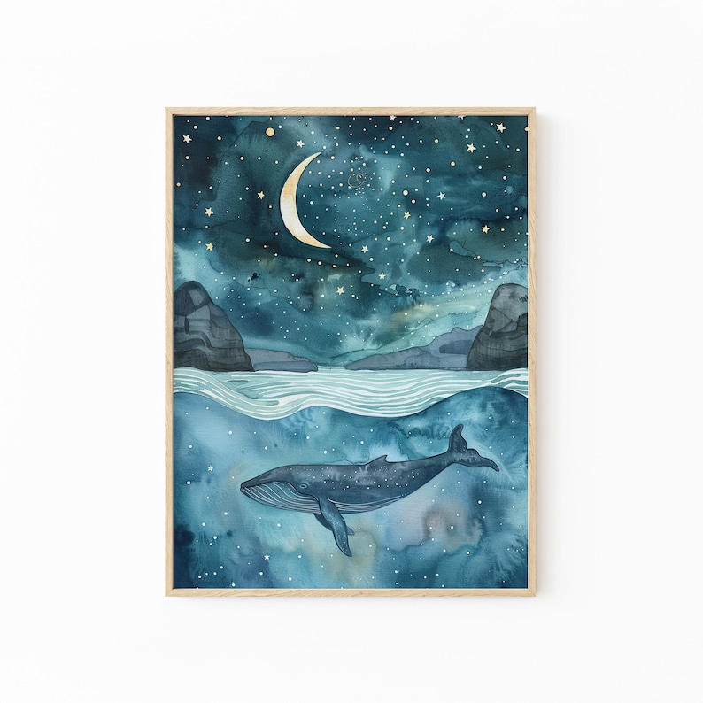 a serene night scene with a whale swimming in the water under a starry sky.