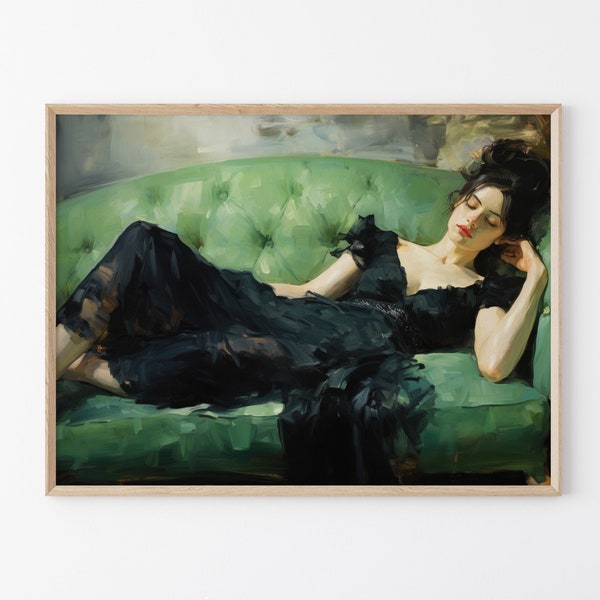 Decadent Young Woman after the Dance, Still Life Woman, Vintage Wall Art, Emerald Green Art, Moody Wall Decor, Oil Painting Print DY08