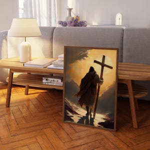 a painting of a person holding a cross, standing on a mountain, with a serene and peaceful atmosphere.