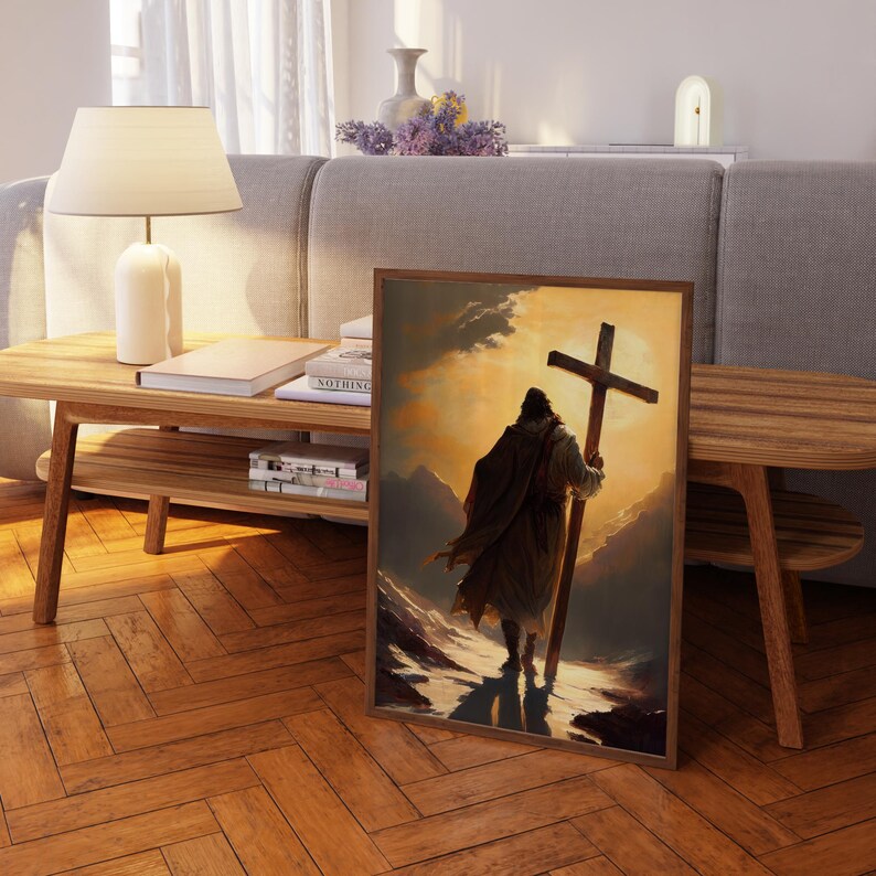a painting of a person holding a cross, standing on a mountain, with a serene and peaceful atmosphere.
