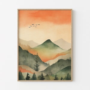 Orange Mountain Wall Art, Watercolor Mountain Print, Nature Wall Art, Mountain Poster, Modern Decor, Watercolor Print, Boho Prints
