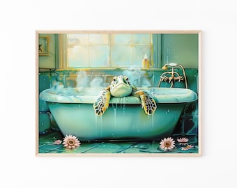 Impression de tortue dans une baignoire | Décoration animalière | Décoration murale pour salle de bain | Décoration murale artistique tortue | TIB5