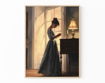 Vintage European Portrait Woman Reading Painting Print, Interior Scene, Antique Painting, Antique Wall Decor