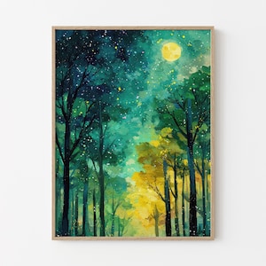 Moon & Stars Oil Painting Print | Vintage Dark Forest | Landscape Nature Decor | Celestial Night Sky Print | Farmhouse Print | MSO8